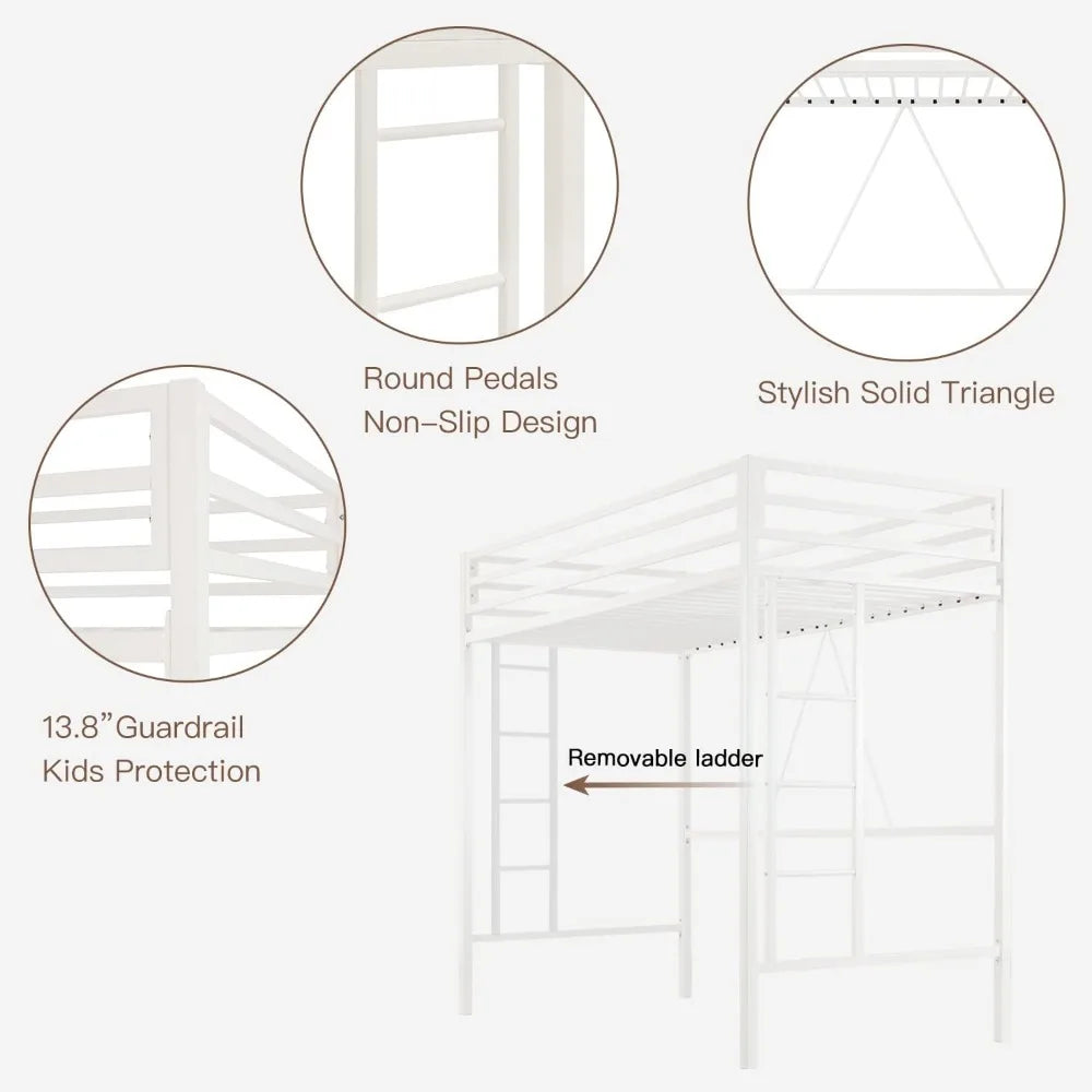 Twin Size Metal Loft Bed with Safety Rail and Ladder, No Box Spring Required, Space-Saving Cream White Bedroom Furniture