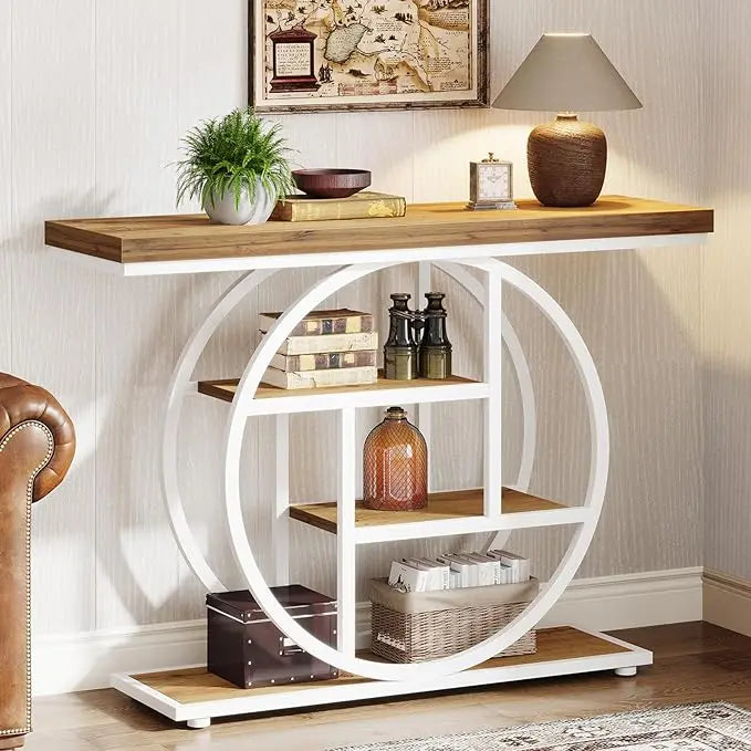 41.3" Console Table, Industrial Style Four Tier Sofa Table Entry Table with Round Base with Storage Shelf