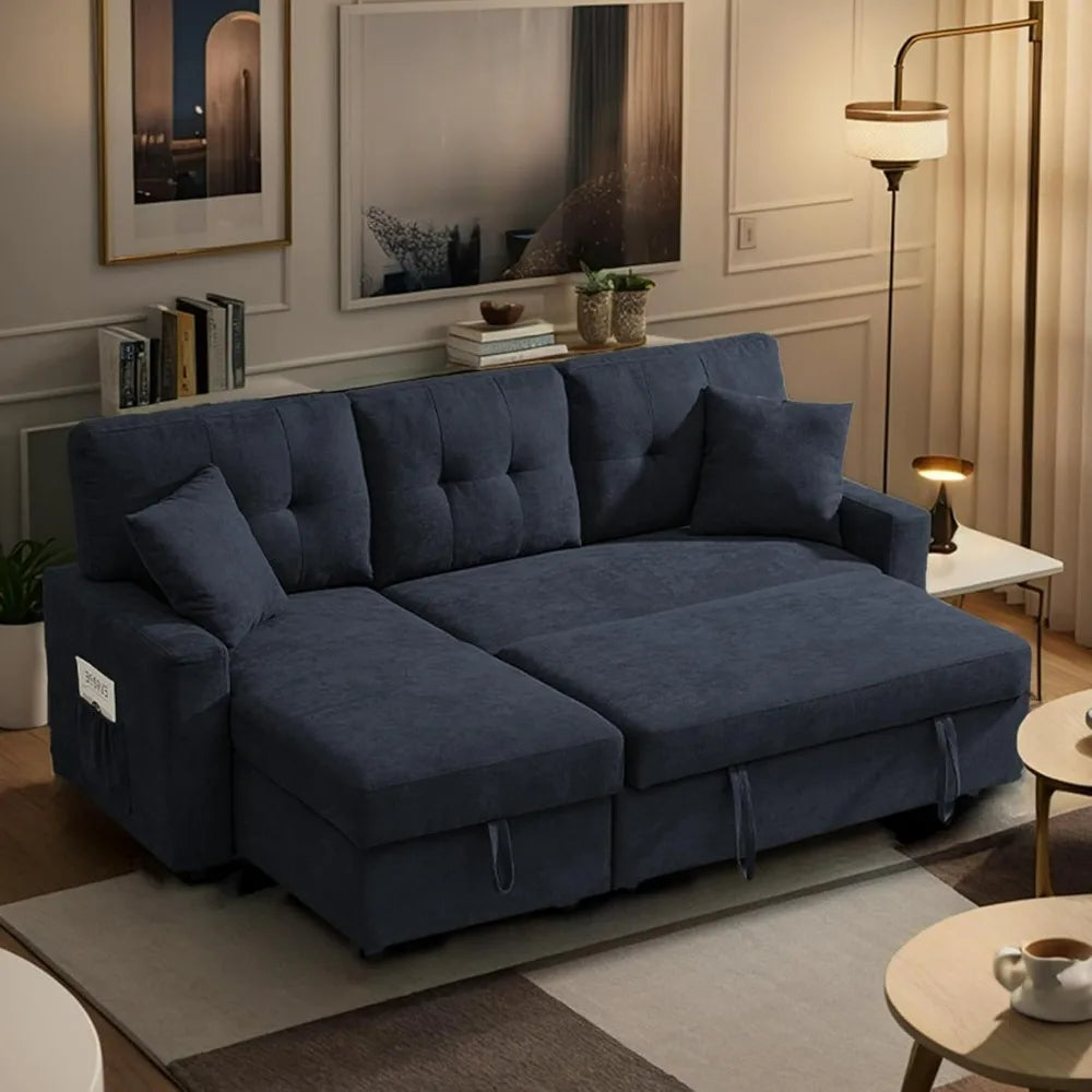 Modern L-Shaped Sofa Bed with Reversible Storage Chaise, Black Convertible Sectional Sofa featuring USB Ports and 3-in-1 Sleeper