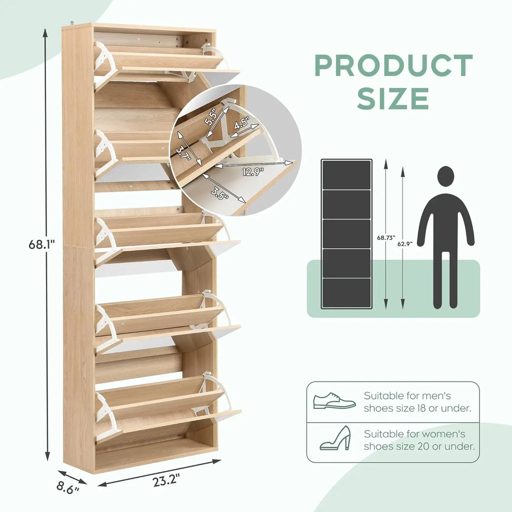 Mirror Shoe Cabinet with 5 Flip Drawers, Shoe Rack Storage Organizer, Entryway Shoe Cabinet for Front Door, Foyer, Hallway