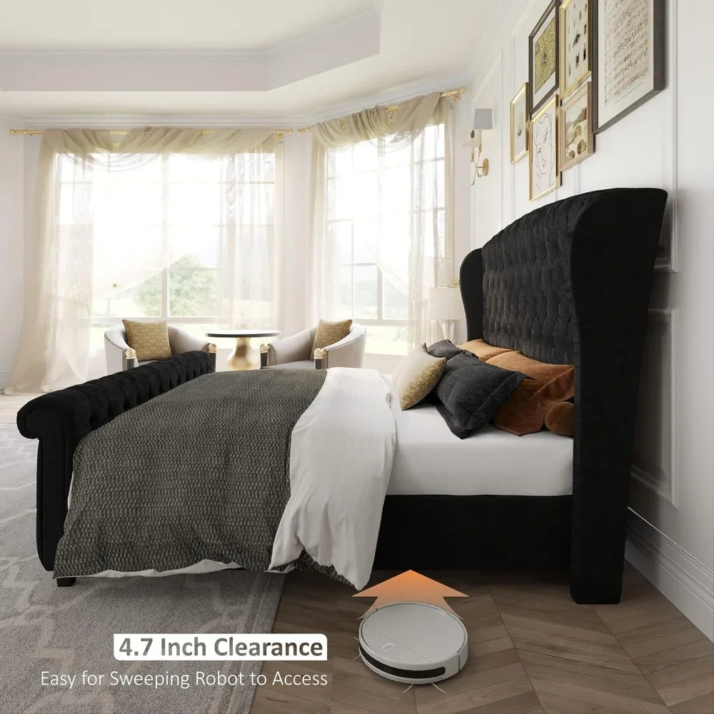 King Size Platform Bed Frame, Velvet Tufted Upholstered Sleigh Bed with Scroll Wingback Headboard & Footboard