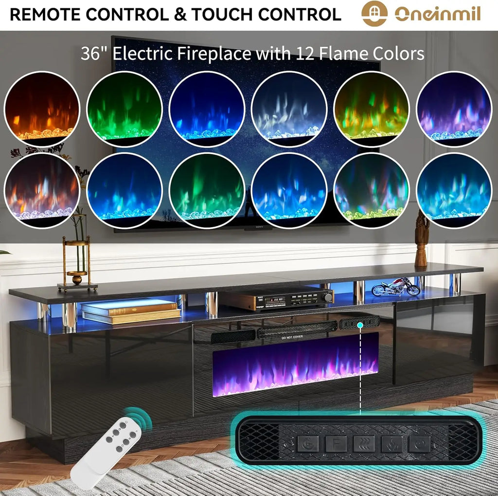 Fireplace TV Stand with 36” Electric Fireplace, 2 Tier TV Console Stand for TVs Up to 90"", LED Light Entertainment Center