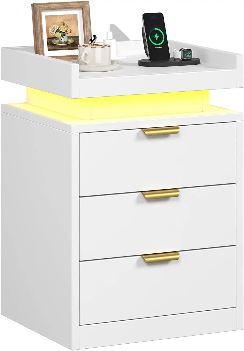 LED End Tables, Set of 2 with Charging Station USB Ports, 3-Drawer Table