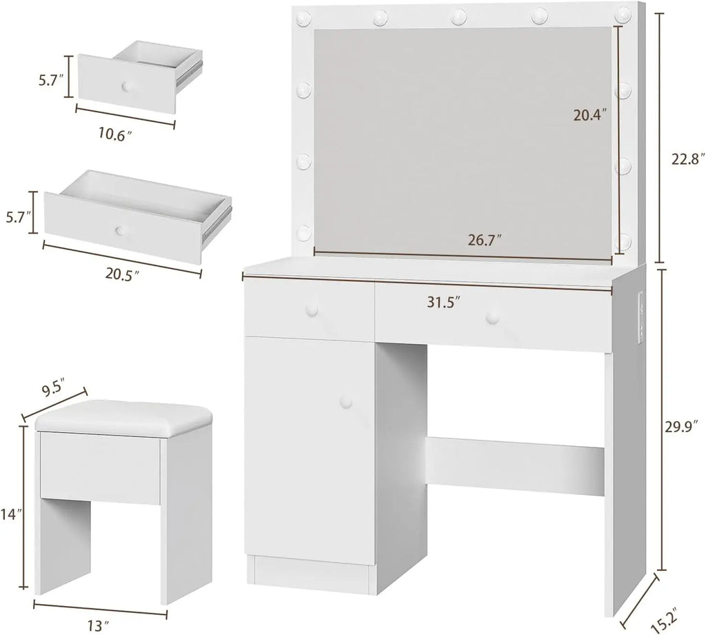 Vanity Desk with Mirror and Lights, White with Power Outlet and 3 Color Light Modes