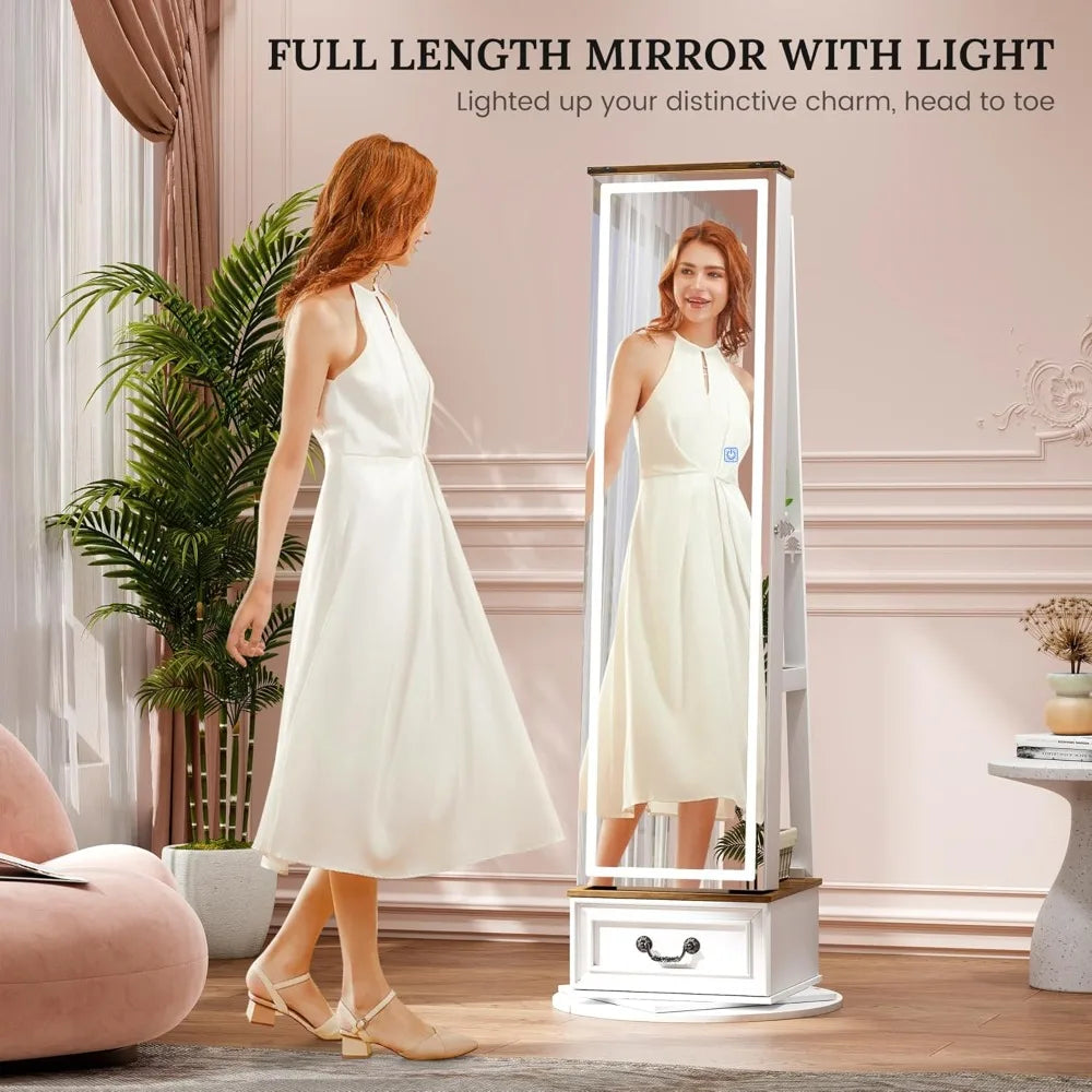 LED Mirror Jewelry Cabinet Standing, 360°Swivel Jewelry Armoire with Full Length Mirror, Mirror with Jewelry Storage and Large