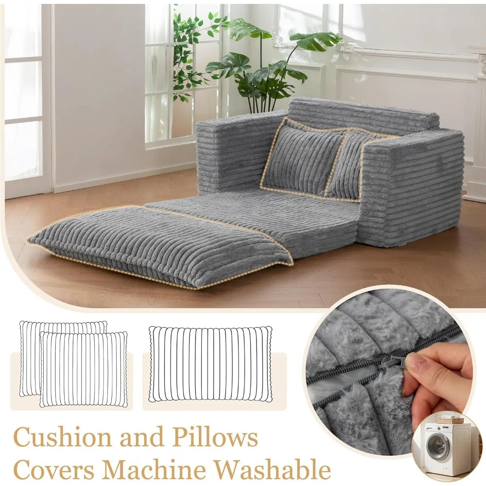 3-in-1 Pull Out Floor Couch with Washable Cushion and Pillows, Loveseat Sleeper Sofa, Convertible Sofa Bed/ Futon Couches