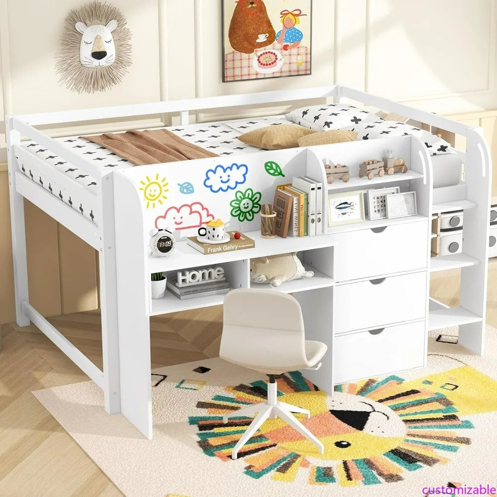 Modern Farmhouse Style Kids' Full Size Loft Bed with Desk, Storage, and Bookcase