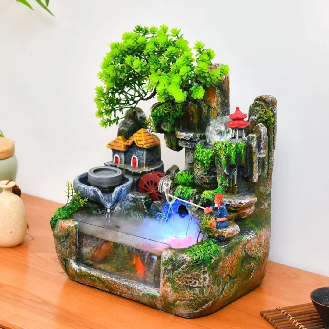 Lucky Feng Shui Money Tree Water Fountain, Circulating Fish Tank Waterfall with Resin Rockery, for Wealth Success & Home Decor Gift