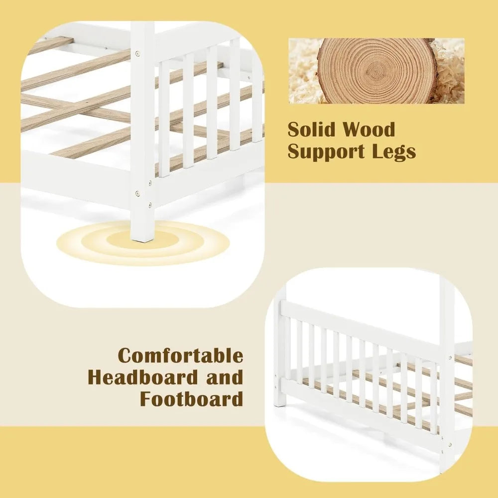 Full Size Floor Bed, with Roof, Headboard and Footboard, Low Full Bed Frame for Kids Teens Girl