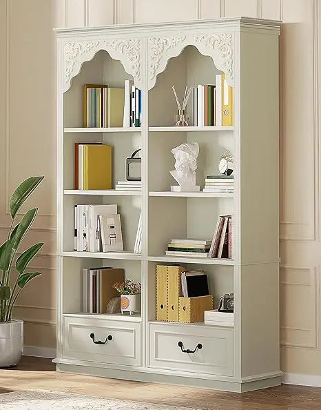 Vintage 70" High 8-Tier Bookshelf with Arched Shelves, Drawers, Roman Columns, and Classic Carved Style