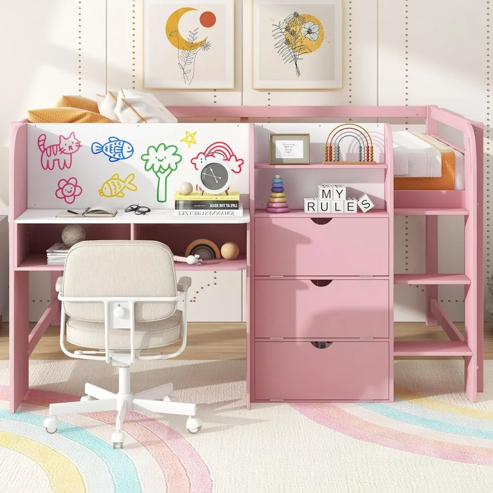Modern Farmhouse Style Kids Full Size Low Loft Bed with Desk, Storage, and Bookcase