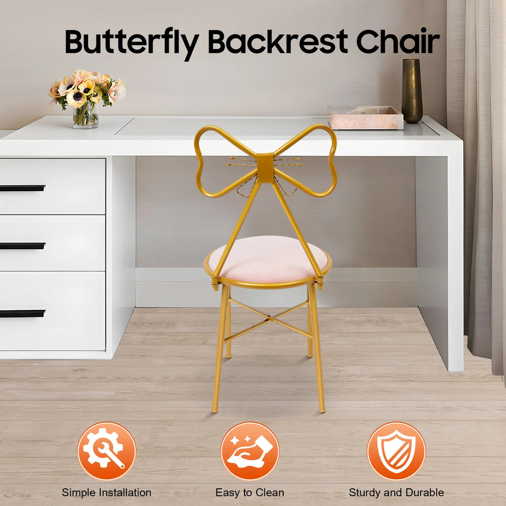 Elegant Pink Butterfly Backrest Chair with Soft Cushion, Iron Frame Dining Chair for Living Room Bedroom and Cafe Decor