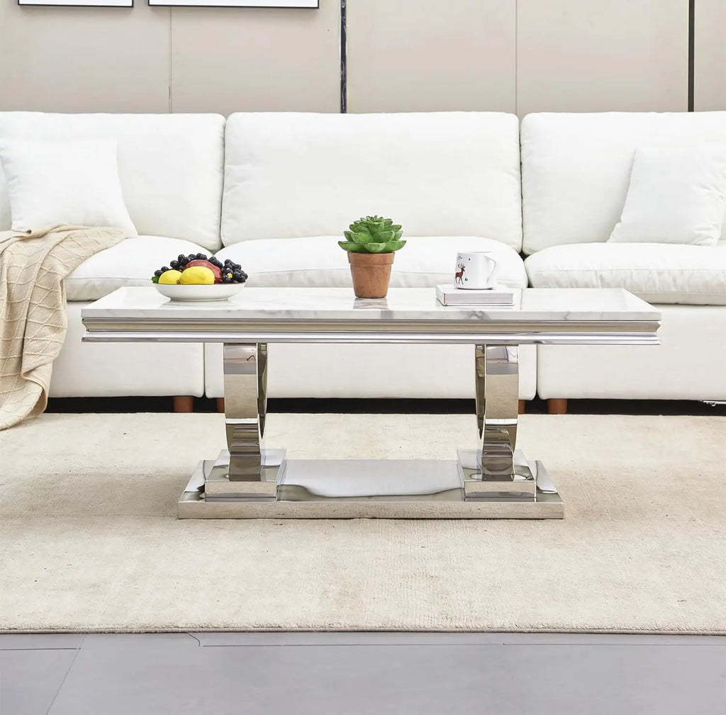 NEW 47" Coffee Table with White Marble Top, Modern Rectangular Faux Marble Coffee Table