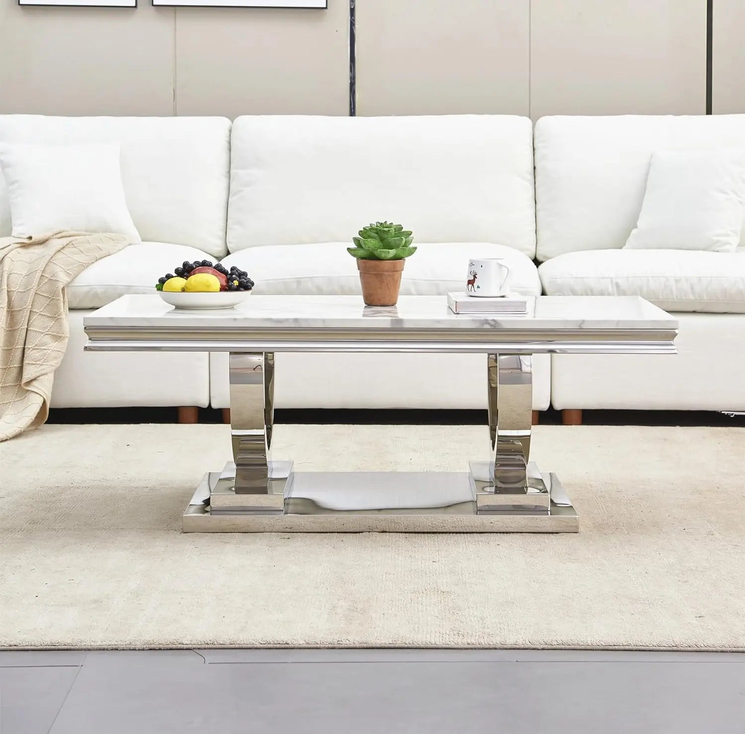 NEW 47" Coffee Table with White Marble Top, Modern Rectangular Faux Marble Coffee Table