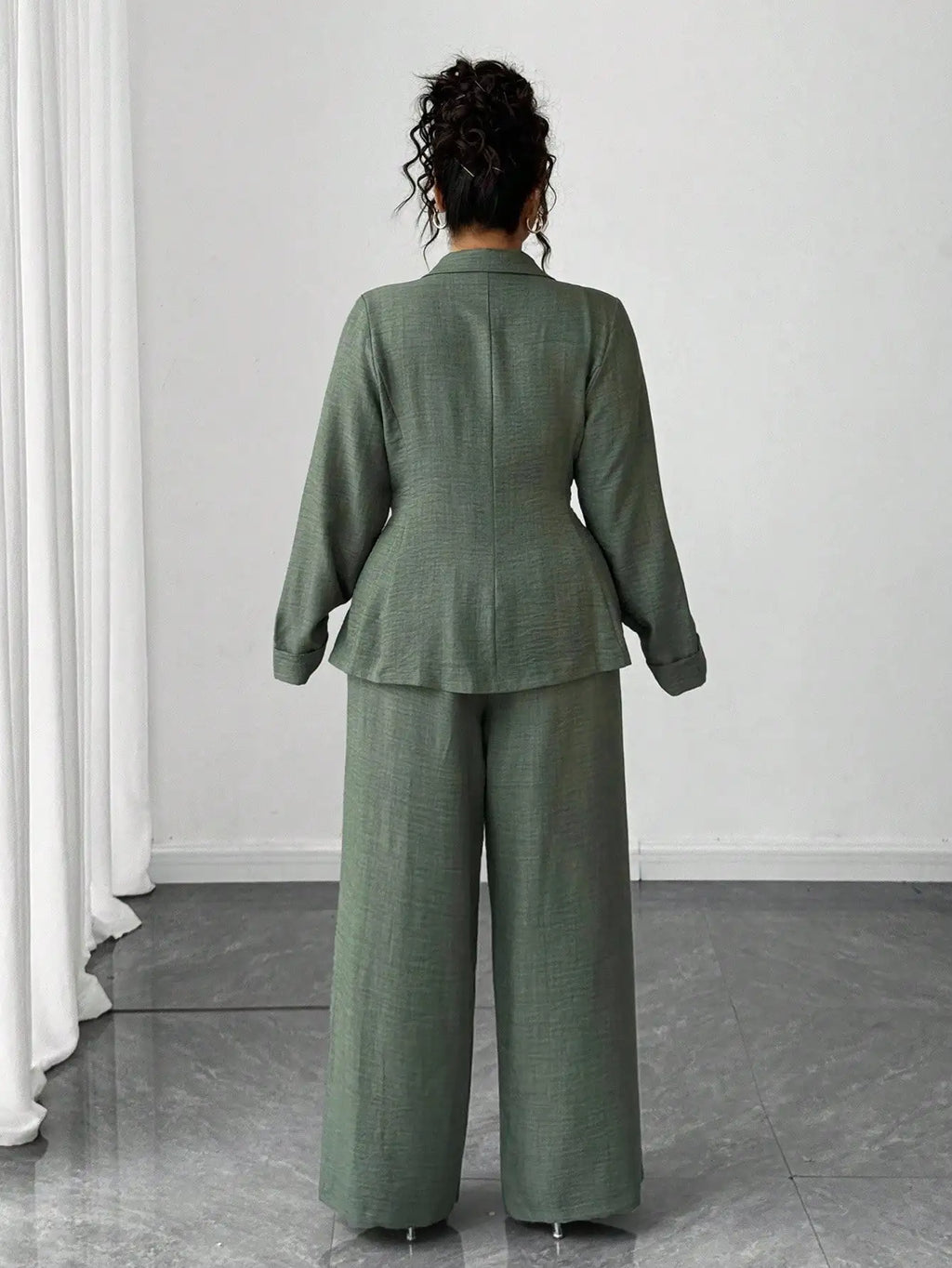 Olive Green Linen Two-Piece Suit for Women - Wrap Blazer with Tie Waist & Wide Leg Pants, Plus Size Office/ Casual Set