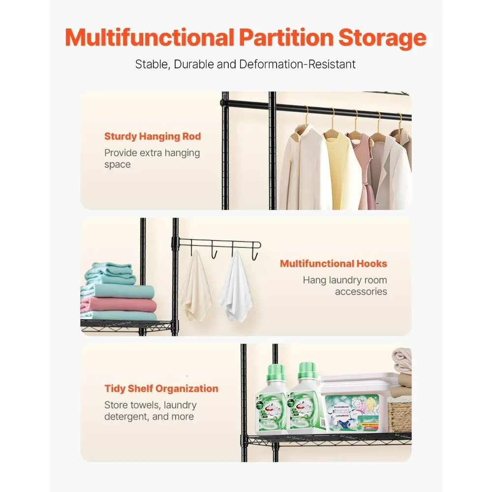 6-Tier Laundry Room Drying Rack with Hanger Bar and Hooks, Adjustable Over Washer and Dryer Storage Shelf