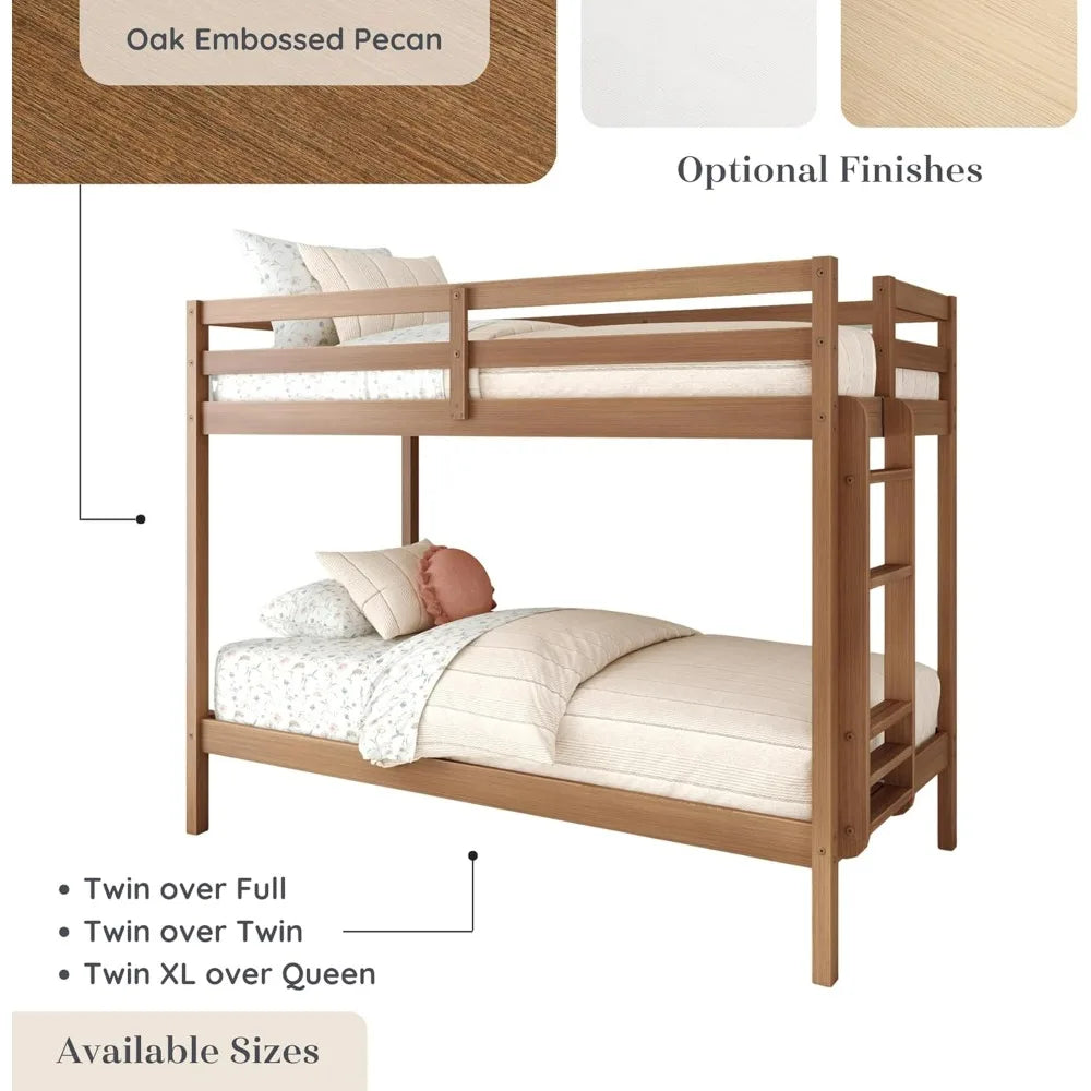 Durable Twin-Over-Twin Kids Bunk Bed with Plywood Construction, Ladder, Guardrail, and Slatted Support