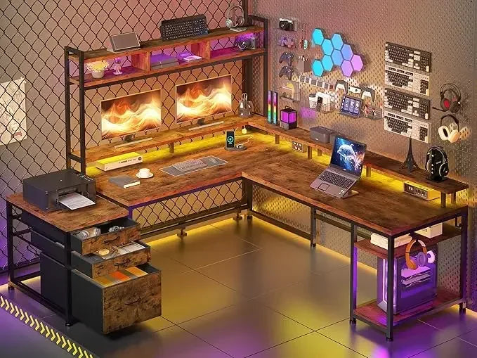 Dual-Sided L-Shaped Desk with Hutch, Drawers and Monitor Shelf