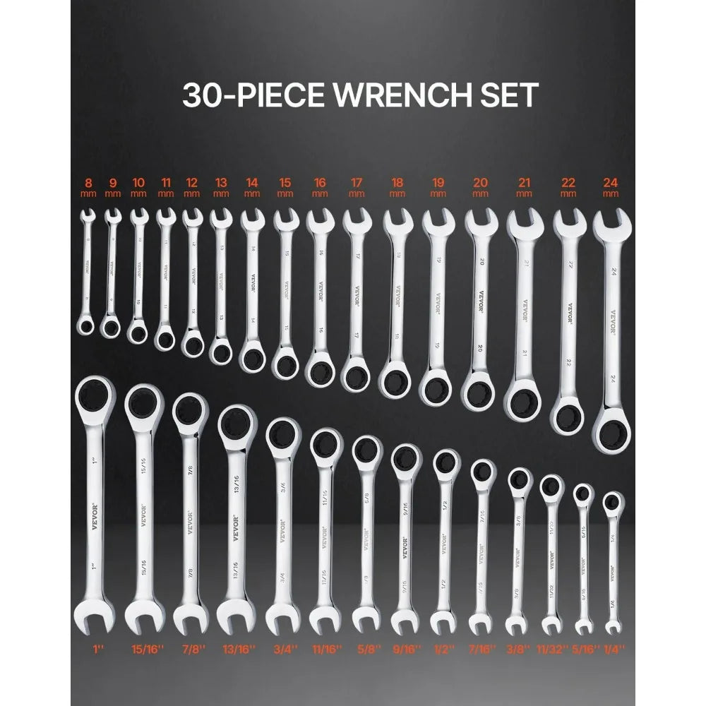 30-Piece Ratcheting Wrench Set with Organizer, Cr-V Steel, SAE 1/4 to 1 and Metric 8mm