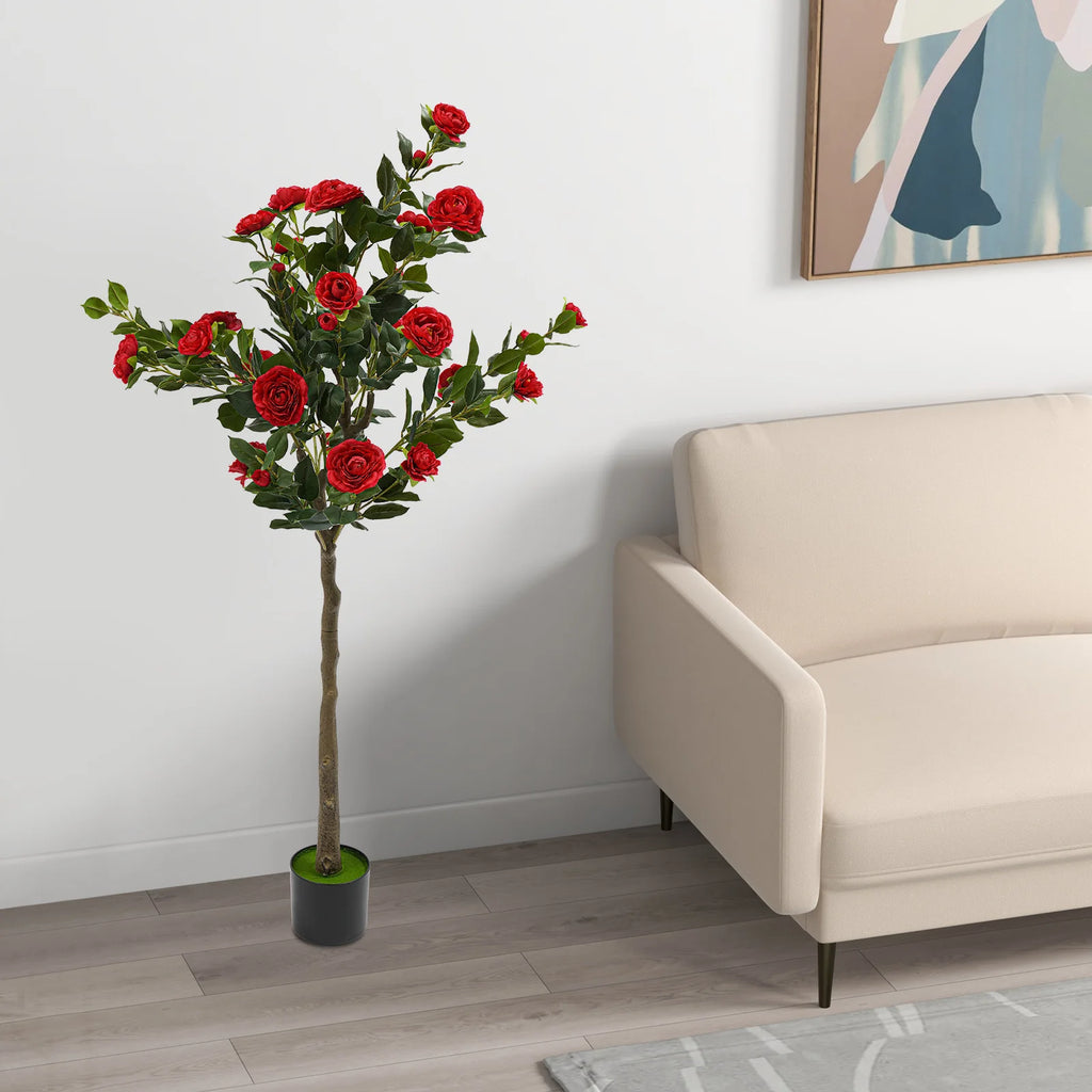 Simulated Tree Camellia Plant In Pot/ Lifelike Trunk/ Red Artificial Camellia Trees for Balconies/Shopping Malls/Exhibitions