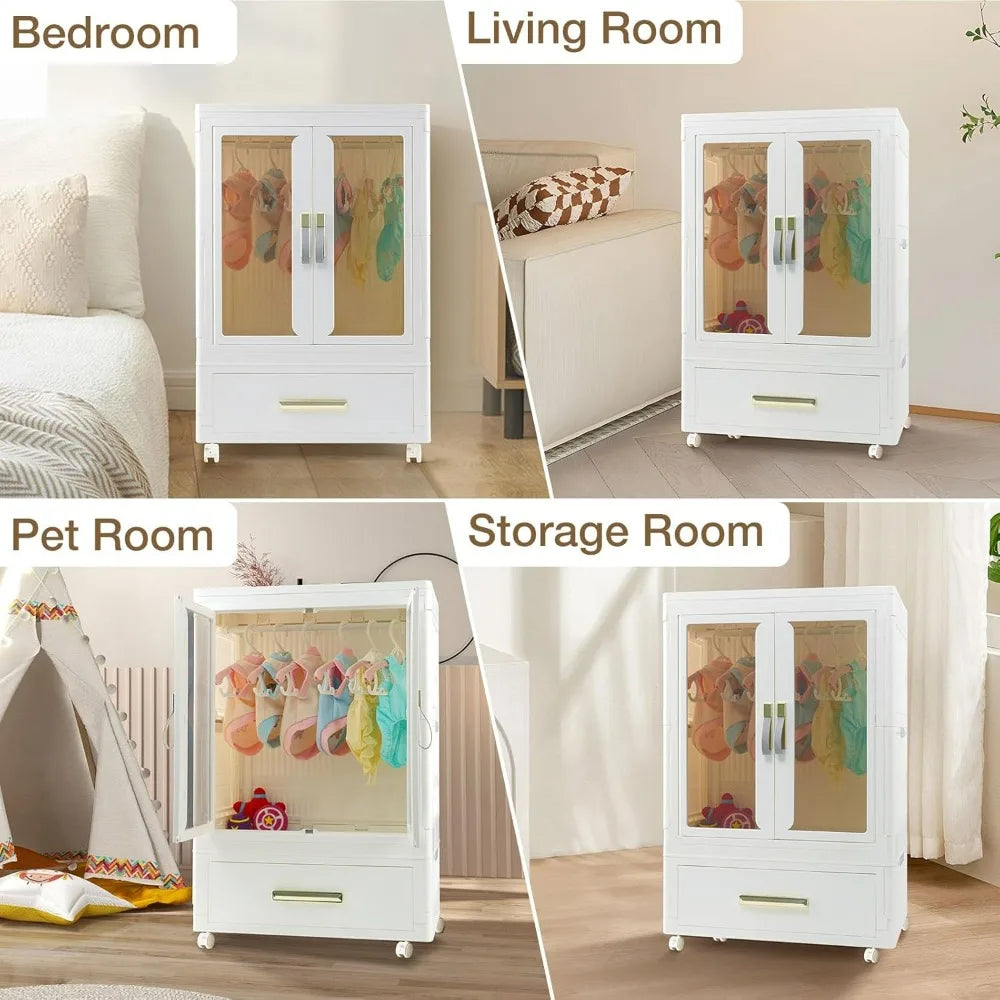 Stackable Pet Wardrobe with Storage Bins, Doors, Wheels, and Hanging Rods for Dog Accessories and Toys