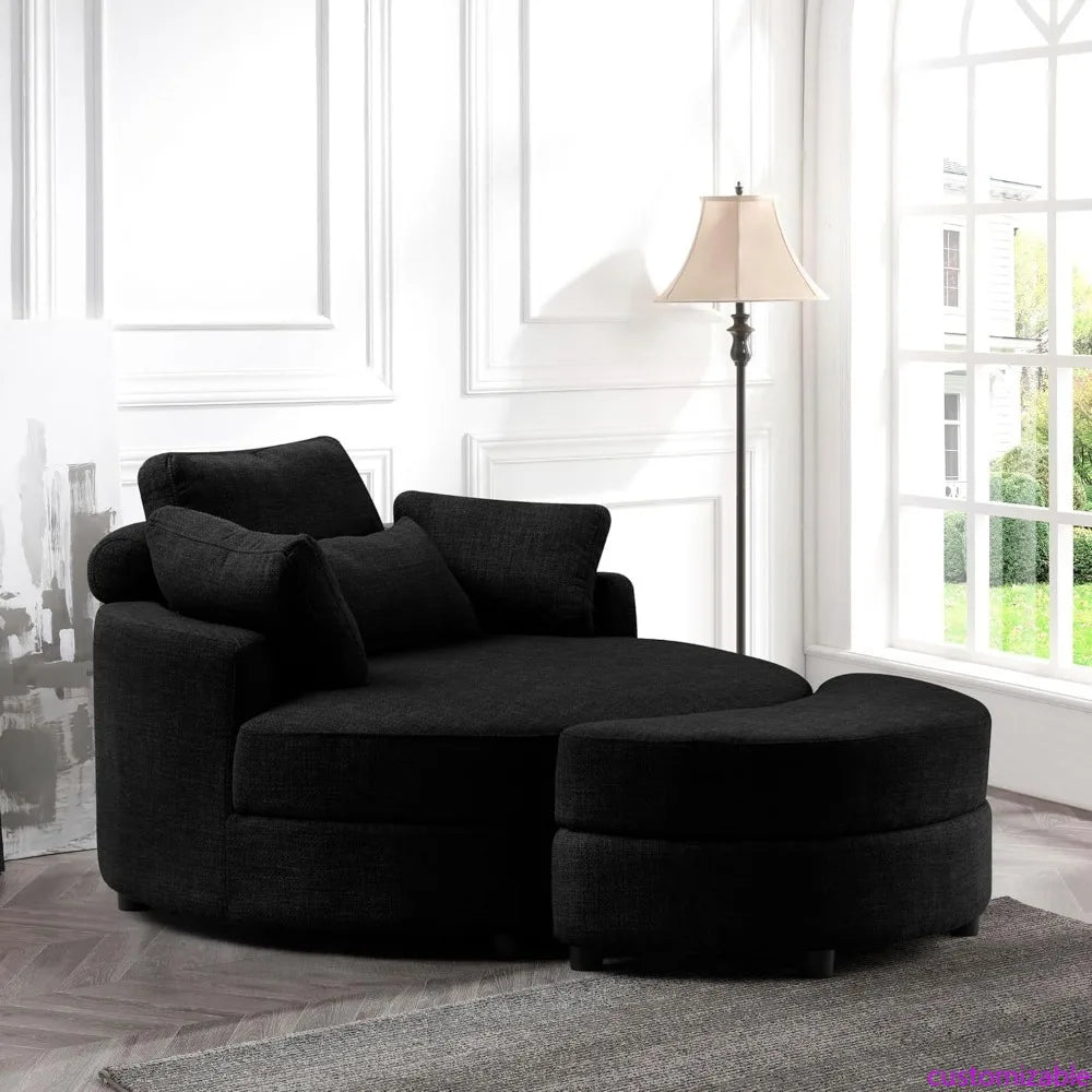 Linen Fabric Upholstered Oversized Round Armchair with Storage Ottoman, Headrest, and 4 Pillows