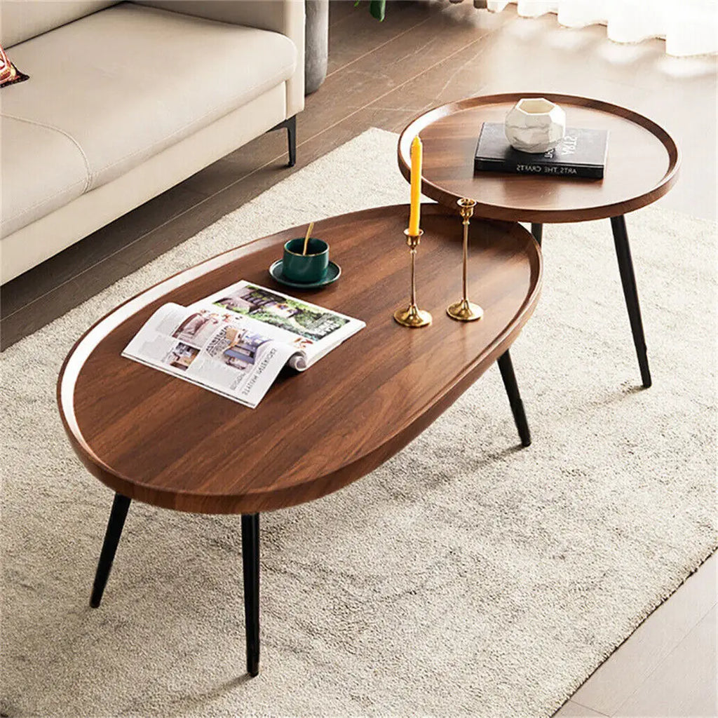 Irregular Living Room Coffee Table Set Small Drop-Shaped Solid Wooden Sofa Side/ End Table 2-in1 with Triangle Legs