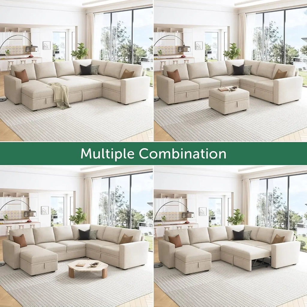 Modular Sectional Sleeper Sofa with Pull Out Bed, U Shaped Sectional Couch with Storage Ottoman, Convertible 7-Seater Sofa,