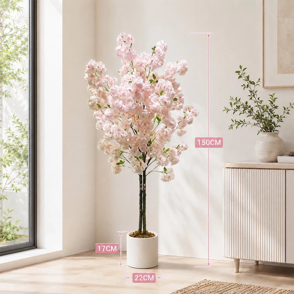 5/6FT Light Pink Faux Cherry Blossom Tree – Double-Trunk Silk Plant in Pot, Ideal for Home, Office, Wedding, Garden, Party, and Hotel Decor
