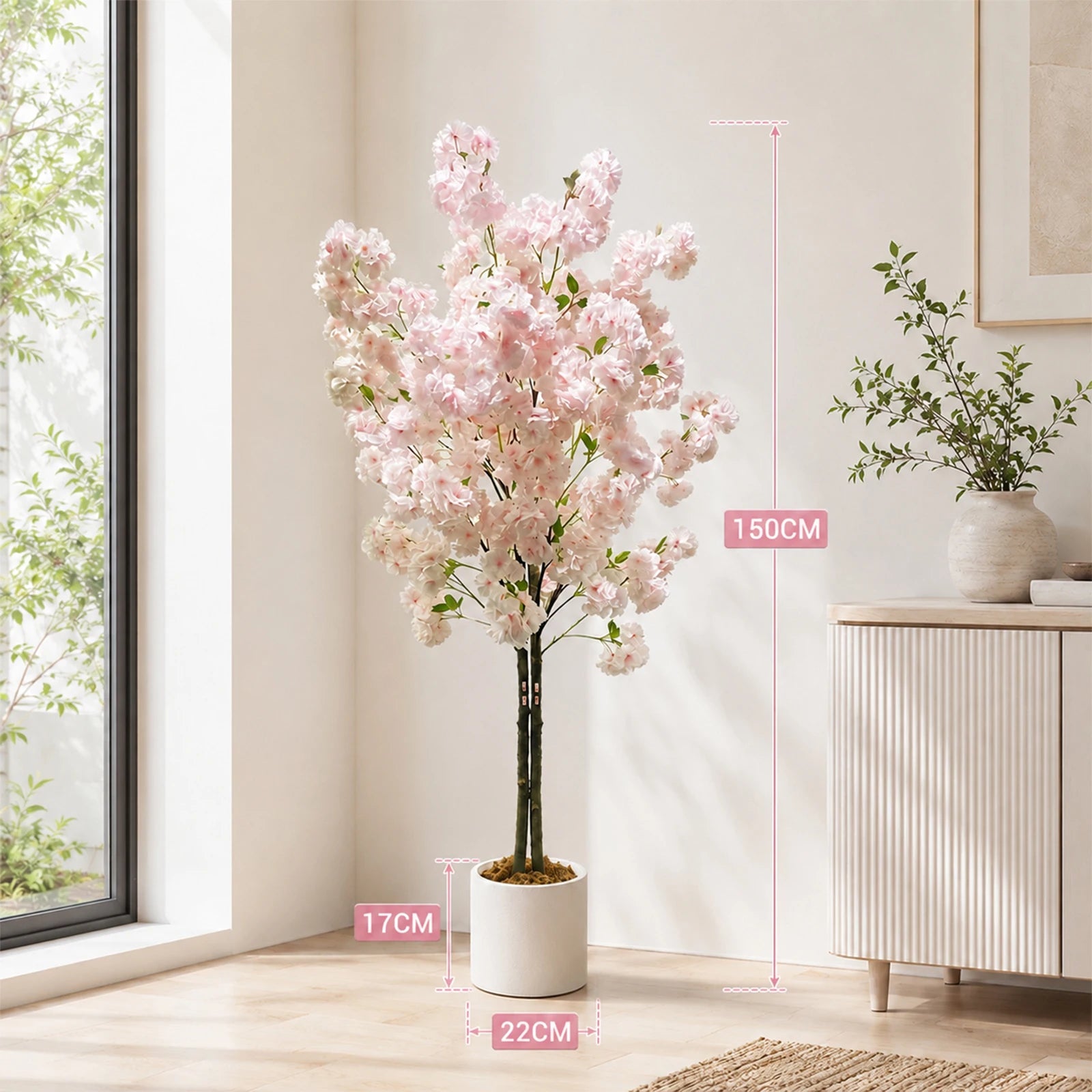5/6FT Light Pink Faux Cherry Blossom Tree – Double-Trunk Silk Plant in Pot, Ideal for Home, Office, Wedding, Garden, Party, and Hotel Decor