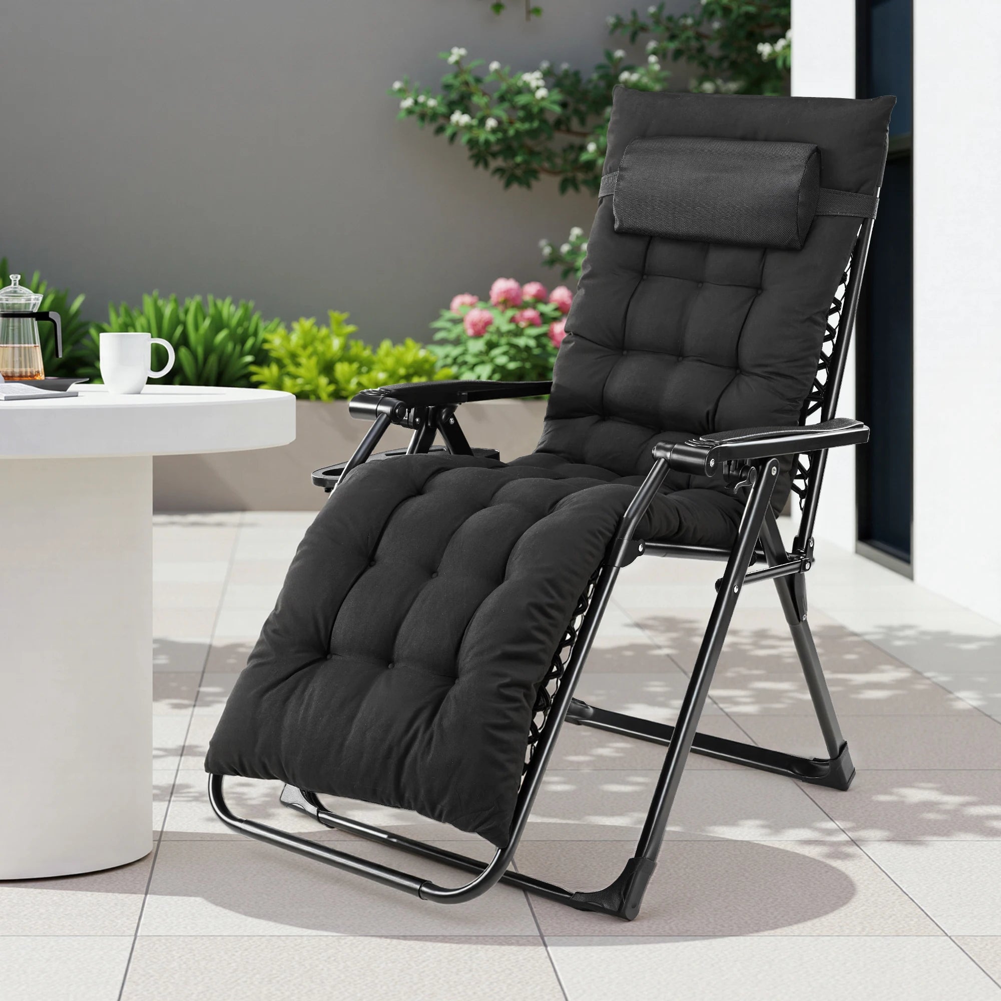 Zero Gravity Recliner/ Camping/ Patio Lounge Chair/ Folding/ Portable with Cup Holder Trays Removable Cushion For Outdoor Garden