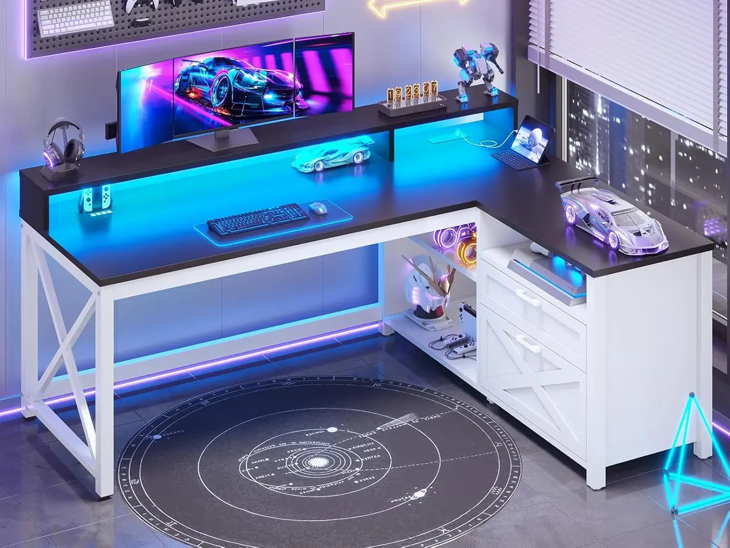 High Quality  Farmhouse L Shaped Desk, 55" Home Office Desk with Drawers and Storage Shelves, L Shaped Gaming Desk with LED Lights