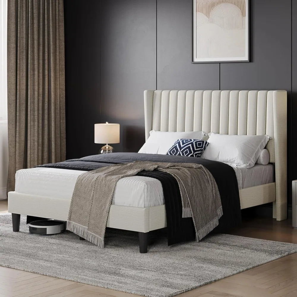Full Bed Frame Upholstered Platform Bed with Fabric Headboard