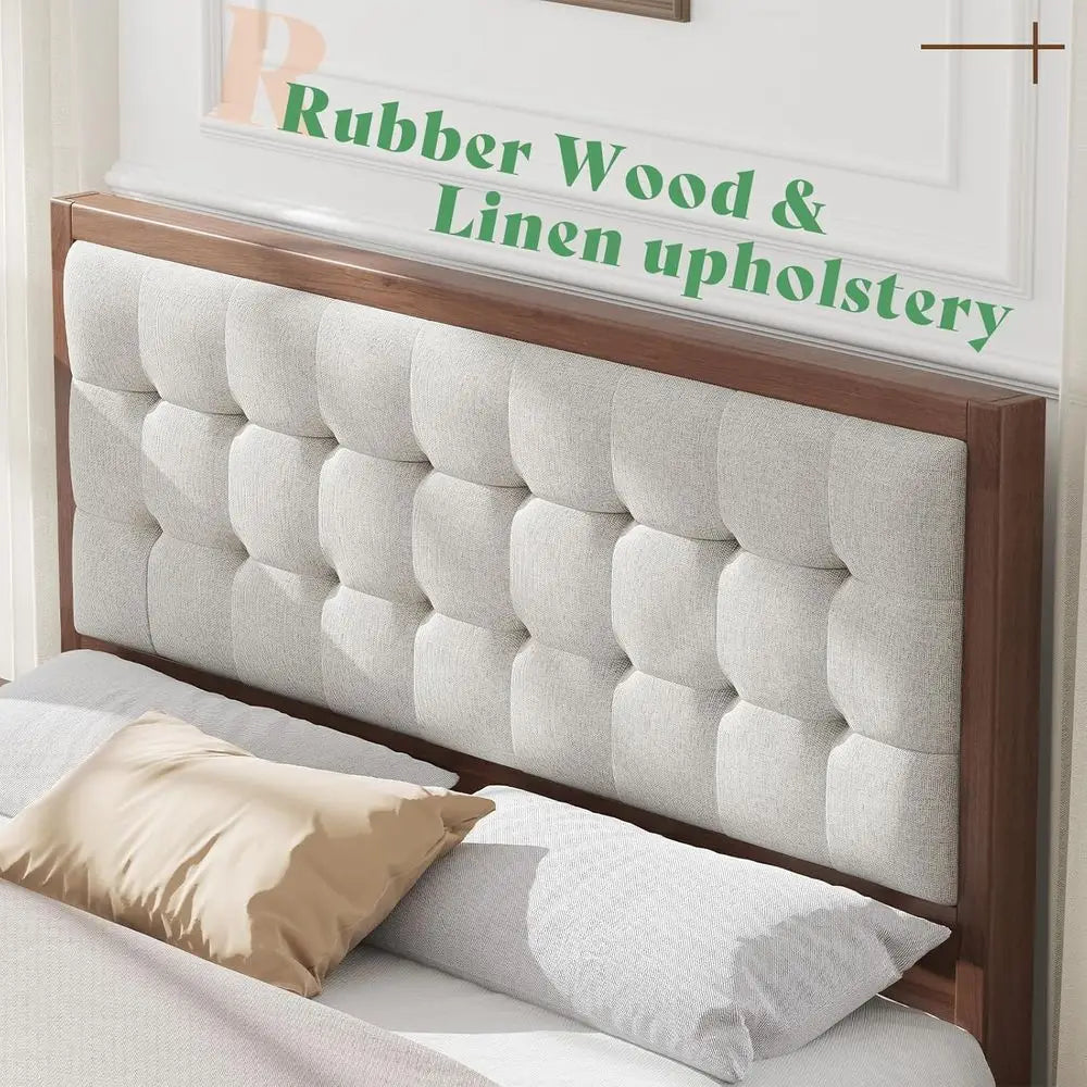 Mid-Century Walnut Solid Wood Bed Frame with Tufted Headboard, No Box Spring Needed