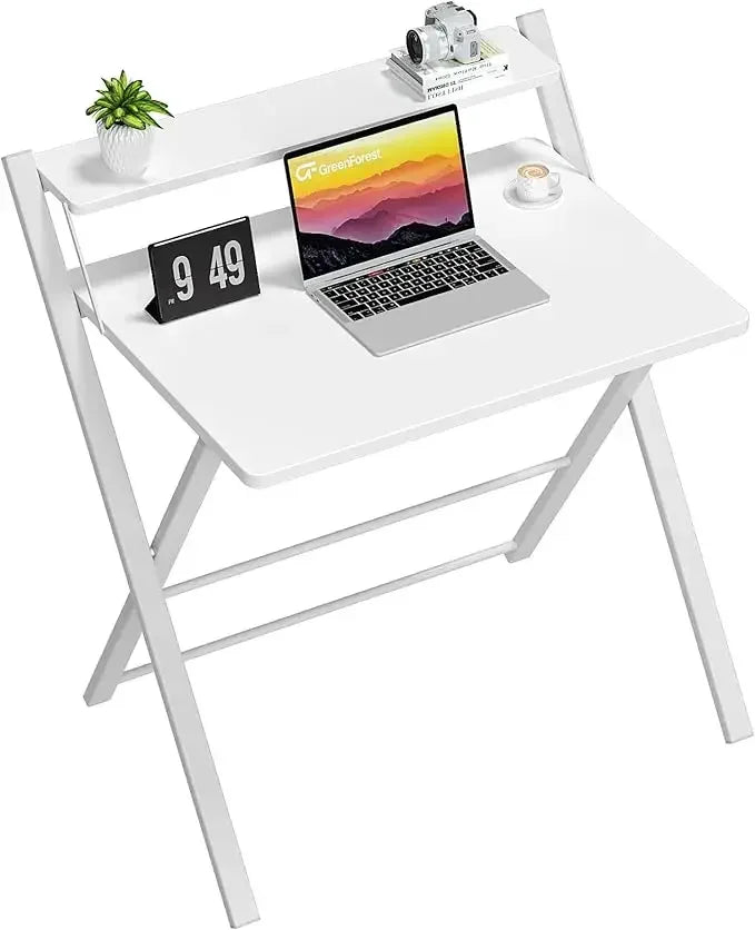 Customizable-Folding Desk/ No Assembly Required/ Large Size 2-Tier Foldable Computer Desk With Shelf For Home Office, Space Saving