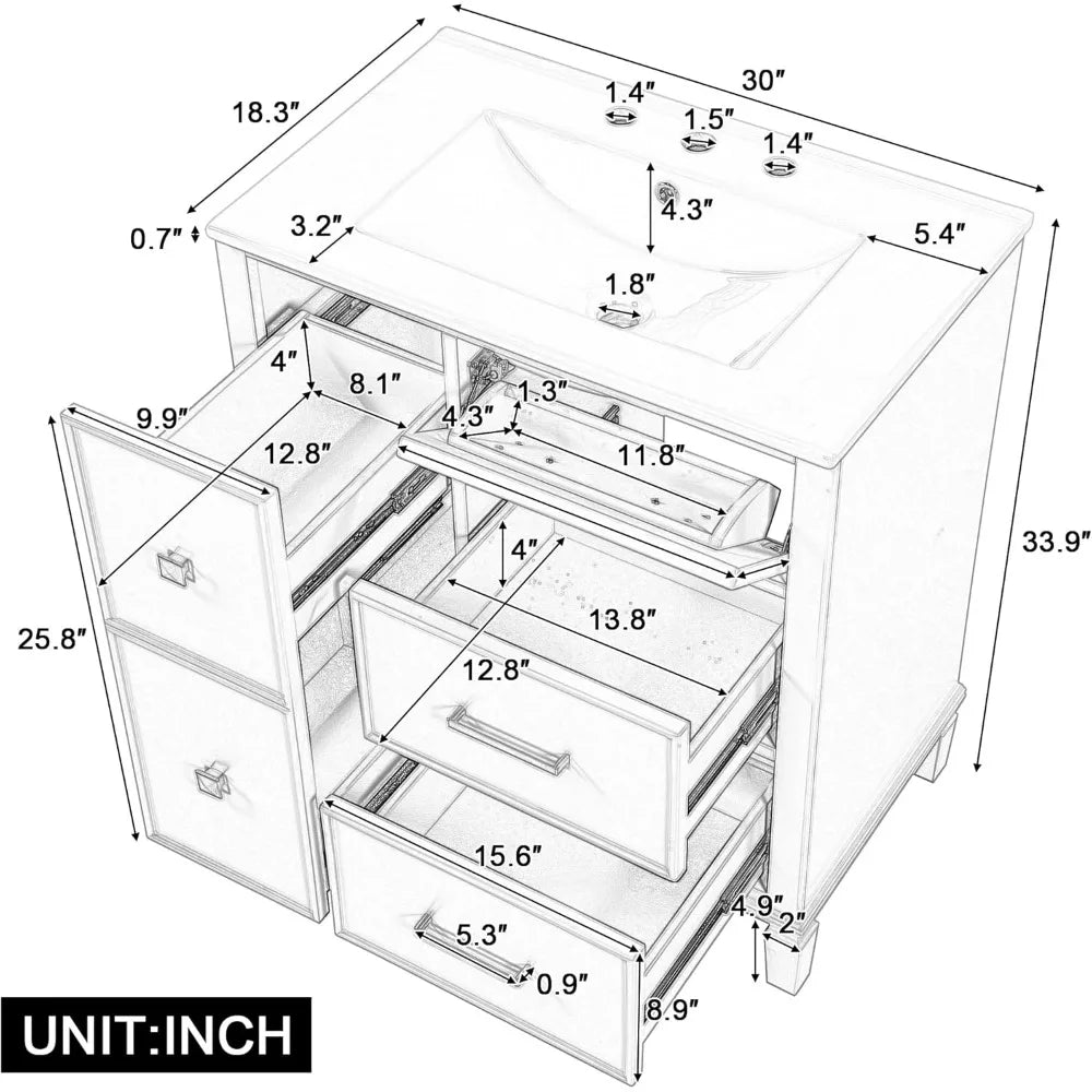 30" Solid Wood Bathroom Vanity with Ceramic Sink and Multi-Function Storage