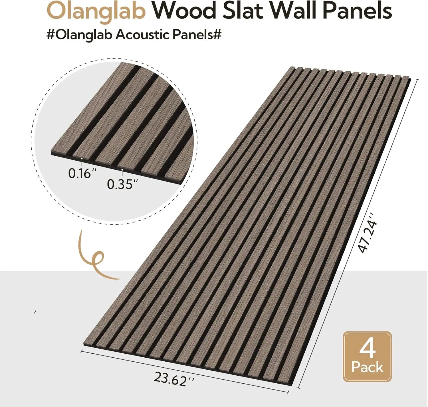4-Pack Acoustic Wood Wall Panels, 23.6 x 47.2 Dark Walnut Sound Absorbing Slat Panels