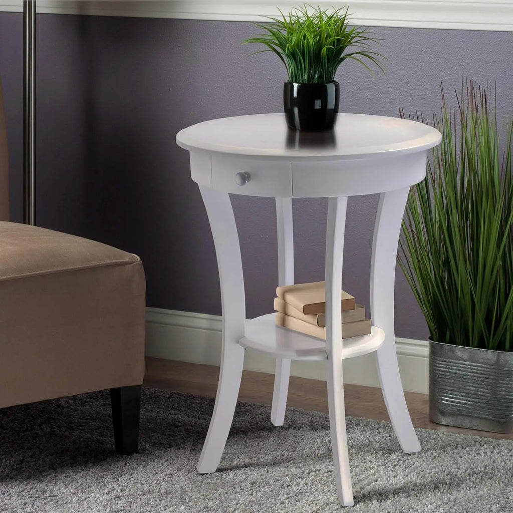 Sasha Round Accent Table with Drawer and Shelf, for Bedroom, Living Room, White