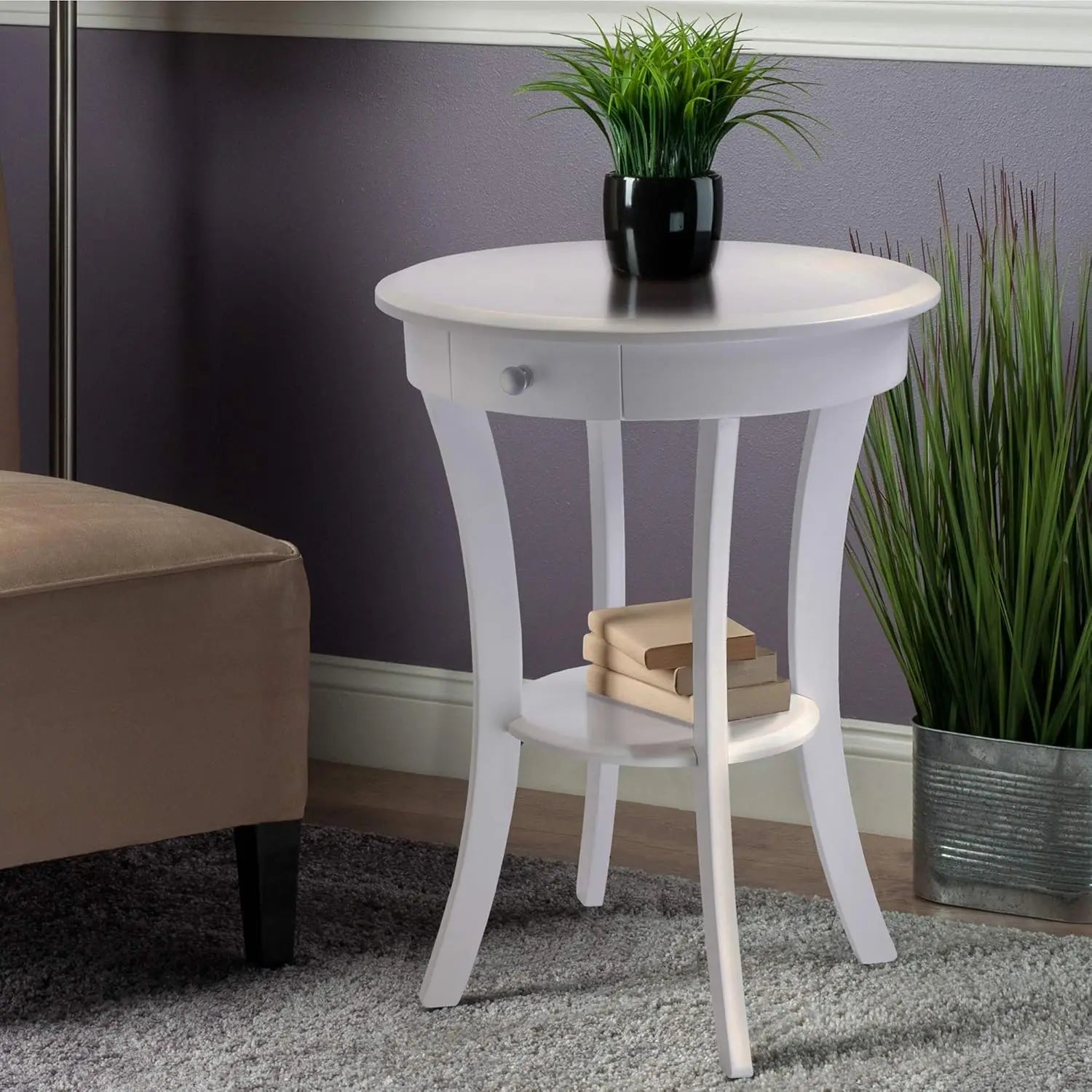 Sasha Round Accent Table with Drawer and Shelf, for Bedroom, Living Room, White