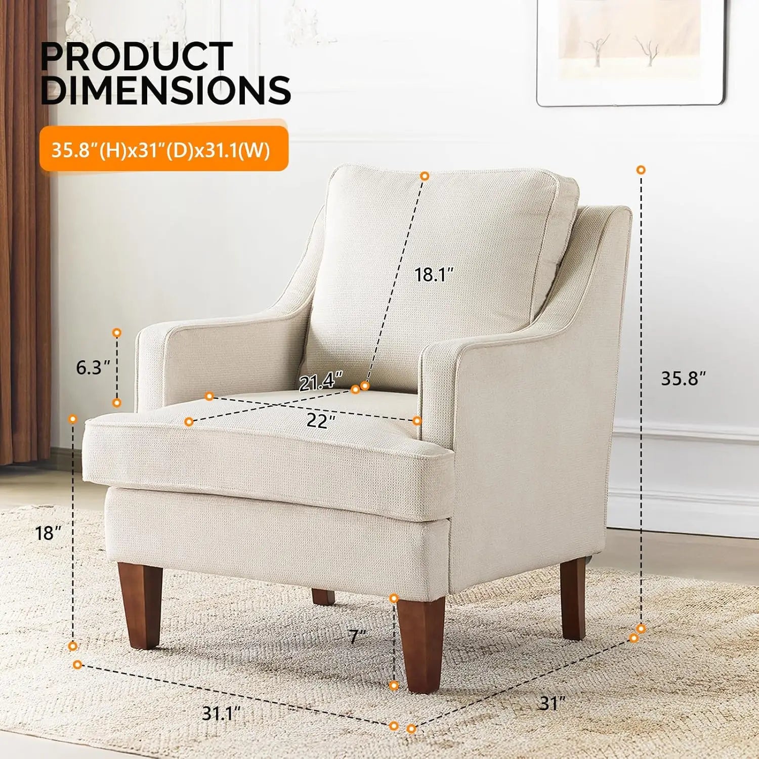 Mid-Century Accent Chairs Set Of 2, Beige Upholstered Armchair Comfy Sofa Chairs for Reading, Chairs have High Backs