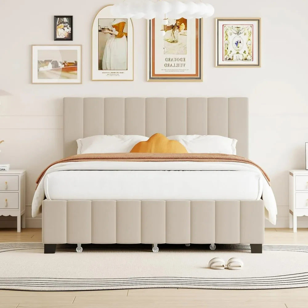 Beige Queen Upholstered Platform Bed with Storage Drawers and Twin XL Trundle, No Box Spring Required