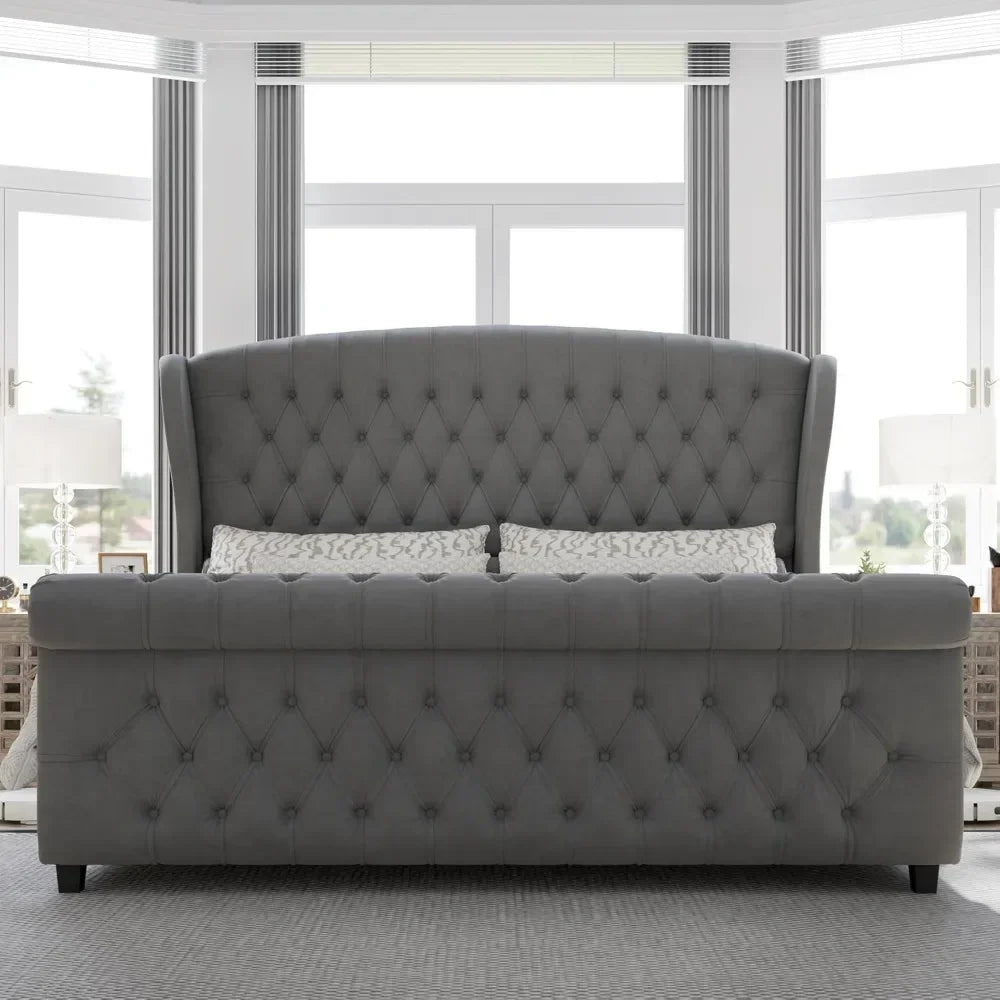 Queen Size Platform Bed Frame, Velvet Upholstered Sleigh Bed with Scroll Wingback Headboard & Footboard/Button Tufted