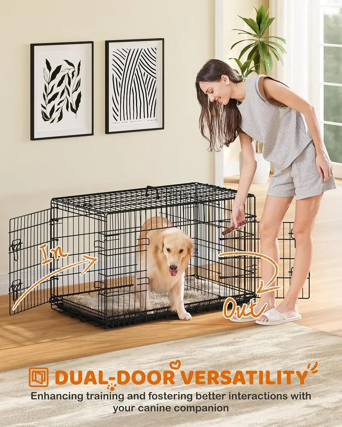 42 inch Dog Crate Double Door w/Divider for Puppy to Adult XL, Collapsible Metal Dog Crate with Removable Tray Wire