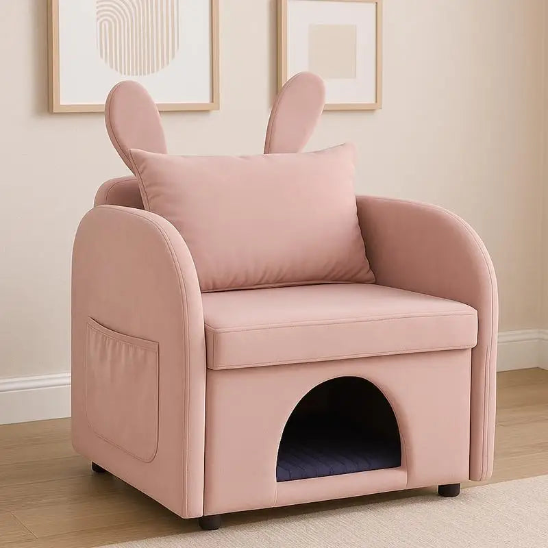 Pet-Friendly Velvet Pink Bunny-Ear Armchair with Cat & Dog Hideaway, Plush Dual-Use Chair with Side Pocket, 27.4 x 25.2 x 37.4