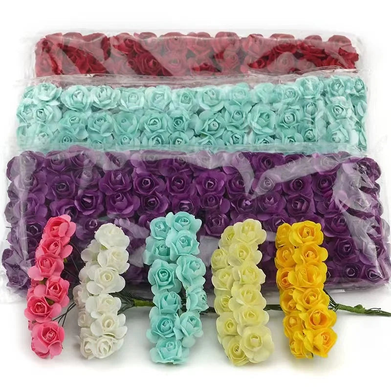 144PCS 1.5 cm Artificial Mini Paper Rose Bouquet For Scrapbooking/ For Wedding Party Decoration/ Cheap Artificial Rose Flowers