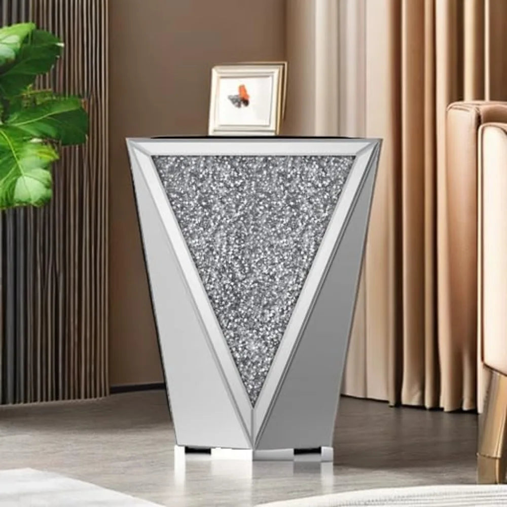 Silver Glass End Table with Crystal Accents for Hallway, Living Room, and Coffee Areas