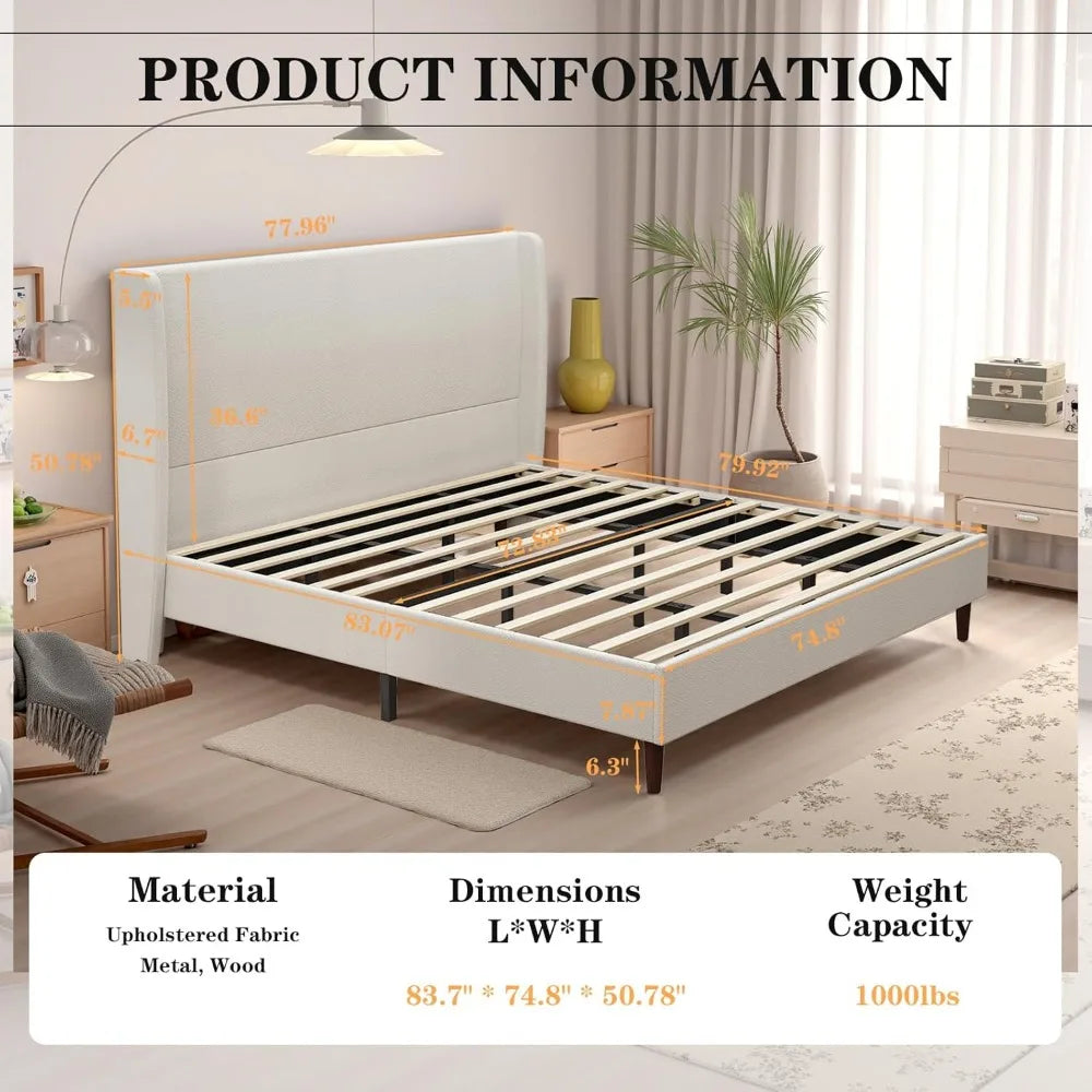 King Size Platform Bed Frame,Upholstered Bed Frame with Wing Side Headboard
