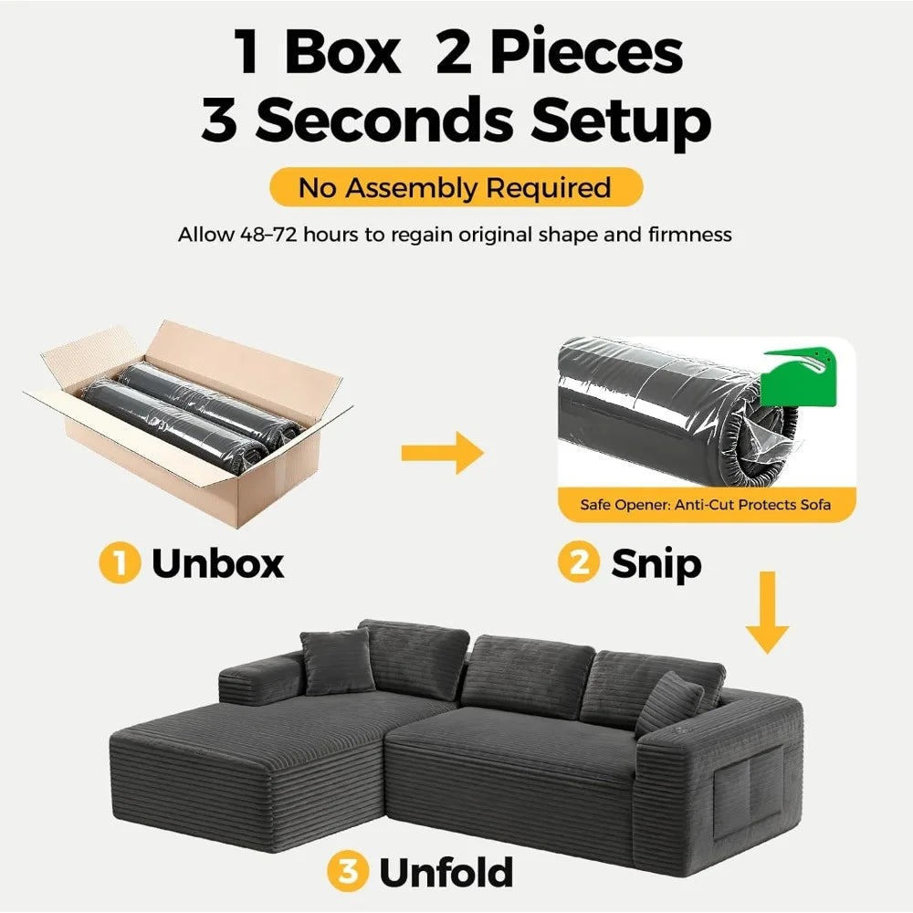 Compressed Modular L-Shaped Sofa with Deep Seating, Cloud Sectional Couch in a Single Box, Corduroy Fabric