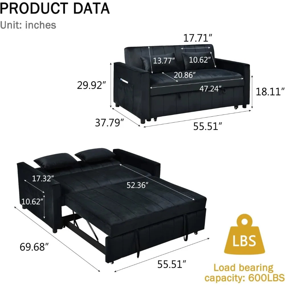 Small Loveseat Sleeper Sofa Bed Velvet Pull Out Couch Bed with Adjustable Backrest and Side Pockets for Living Room, Bedroom