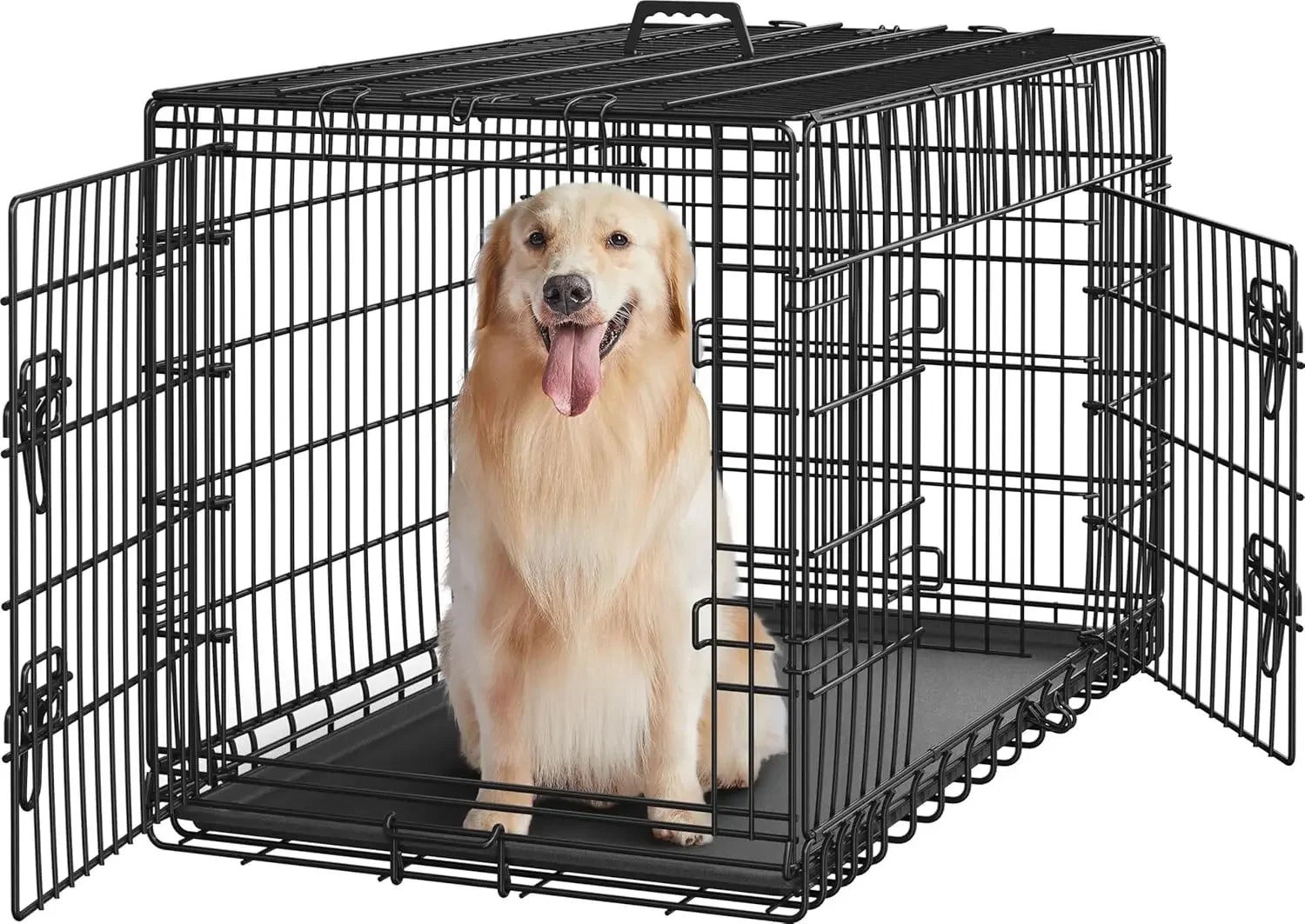 42 inch Dog Crate Double Door w/Divider for Puppy to Adult XL, Collapsible Metal Dog Crate with Removable Tray Wire